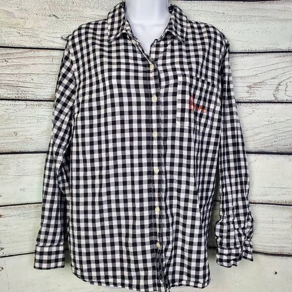 Old Navy Women’s Gingham Plaid Button Down Shirt XL Black White “Love” Embroider - Picture 3 of 7